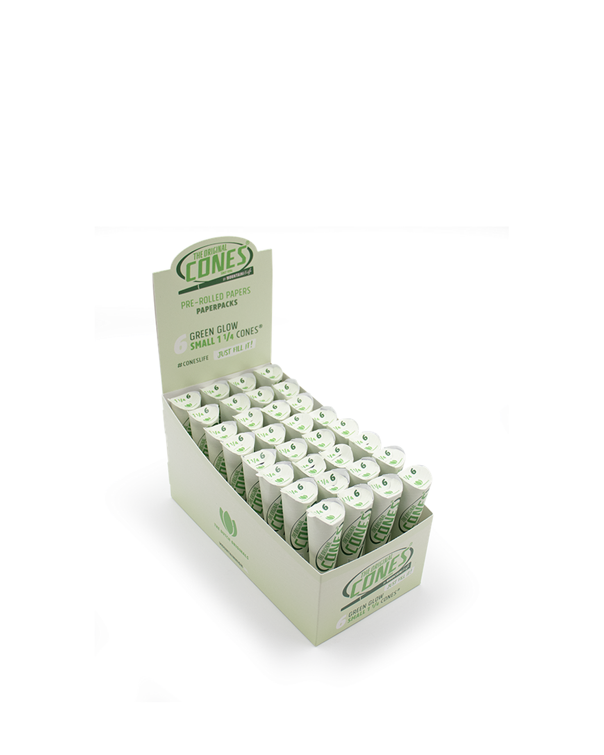 Green Glow Pre rolled Cones® Small 1¼ 6pcs. - Display contains 32 Paper Packs