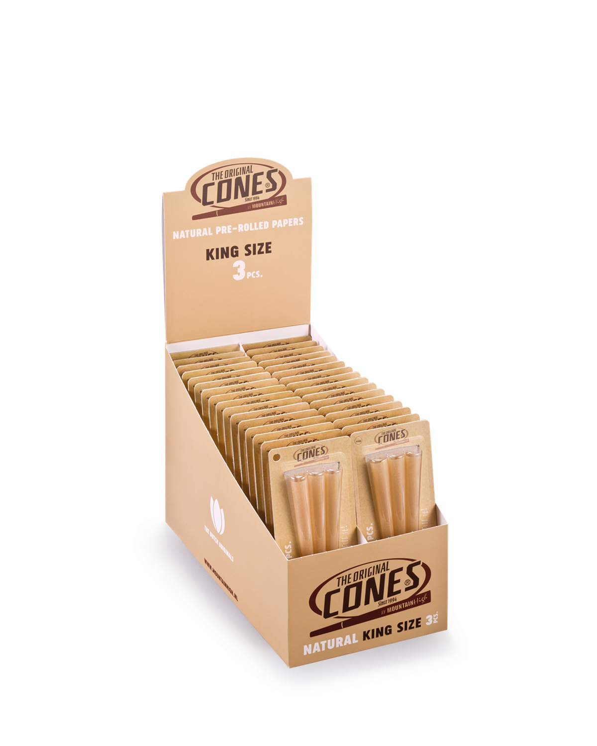 Natural pre rolled Cones® Brown King Size 3pcs. - Display contains 32 Blister Packs