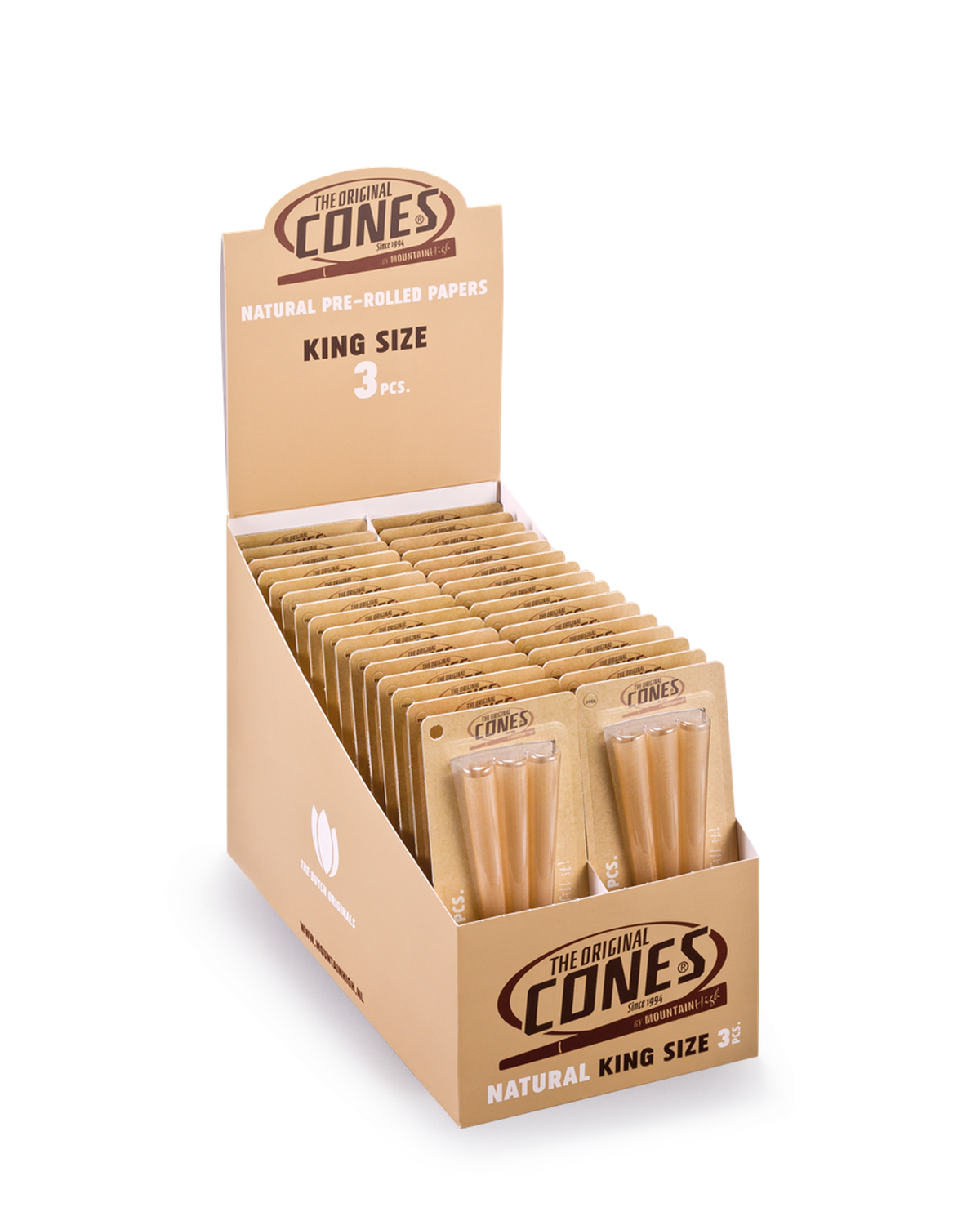 Natural pre rolled Cones® Brown King Size 3pcs. - Display contains 32 Blister Packs
