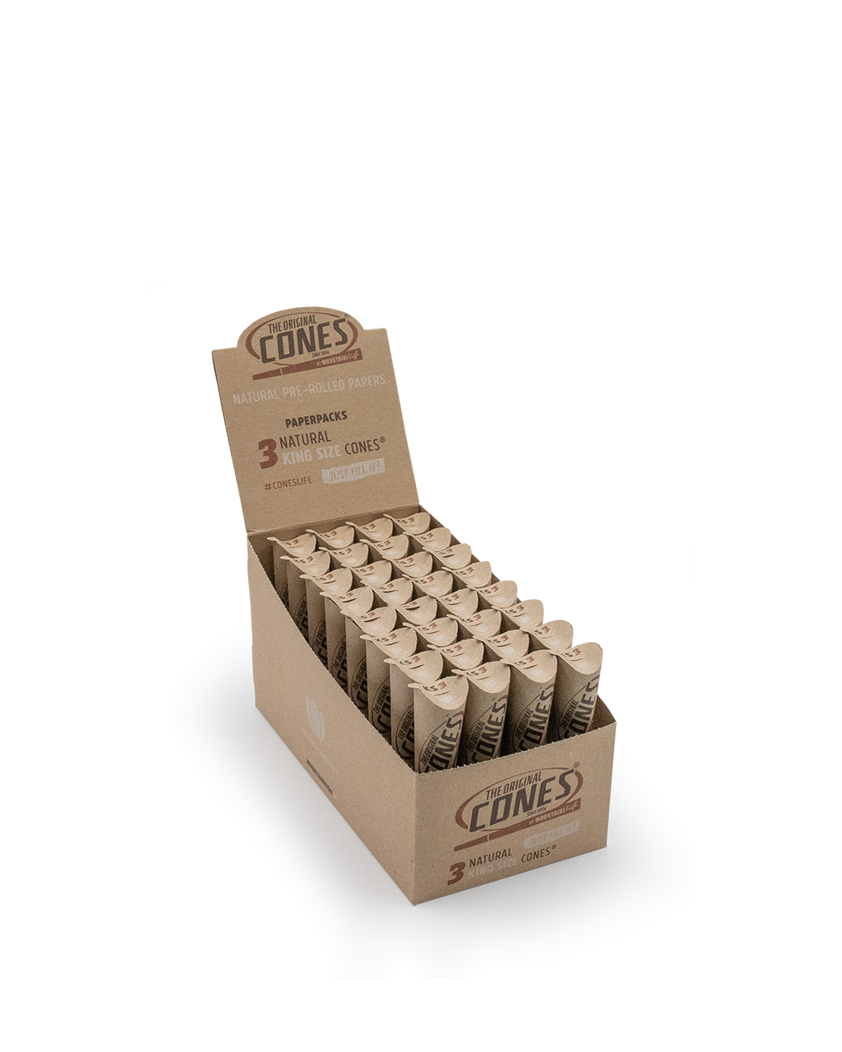 Natural Pre rolled Cones® Brown King Size 3pcs. - Display contains 32 Paper Packs