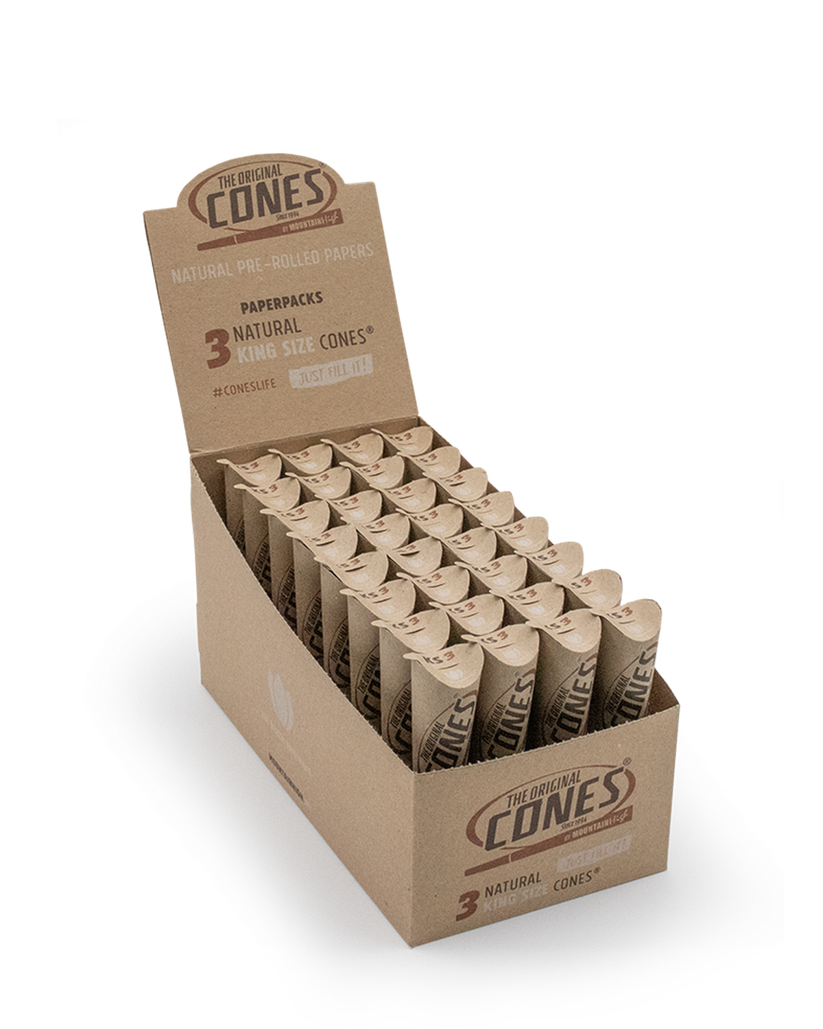 Natural Pre rolled Cones® Brown King Size 3pcs. - Display contains 32 Paper Packs