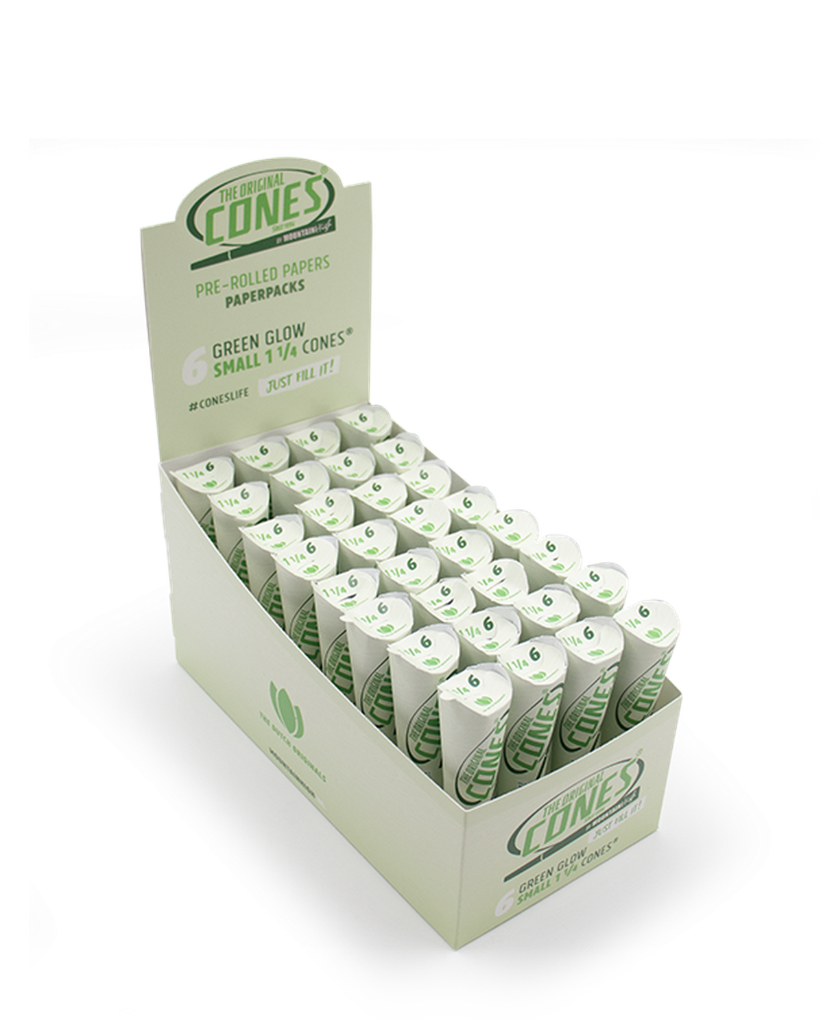 Green Glow Pre rolled Cones® Small 1¼ 6pcs. - Display contains 32 Paper Packs