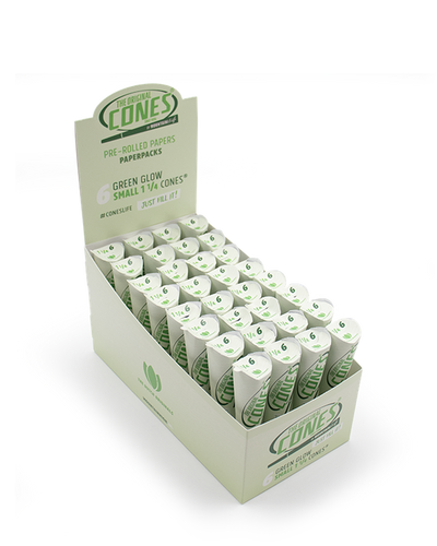 Green Glow Pre rolled Cones® Small 1¼ 6pcs. - Display contains 32 Paper Packs