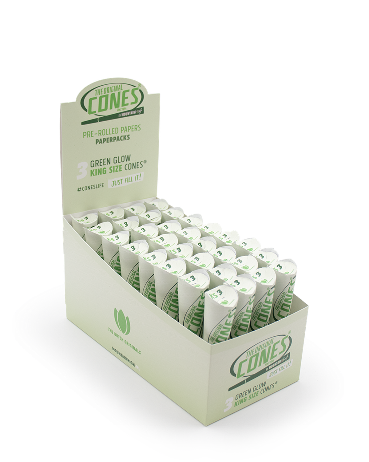 Green Glow Pre rolled Cones® King Size 3pcs. - Display contains 32 Paper Packs