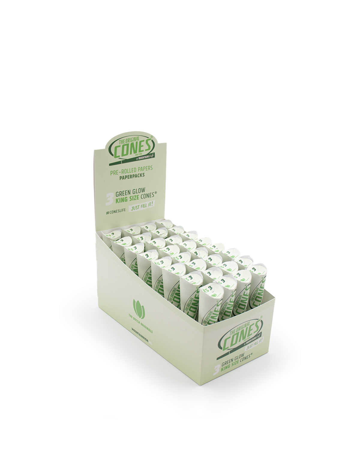 Green Glow Pre rolled Cones® King Size 3pcs. - Display contains 32 Paper Packs