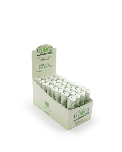 Green Glow Pre rolled Cones® King Size 3pcs. - Display contains 32 Paper Packs