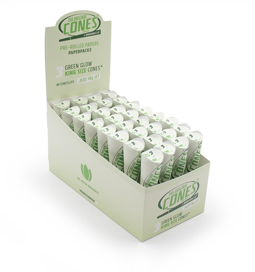 Green Glow Pre rolled Cones® King Size 3pcs. - Display contains 32 packs