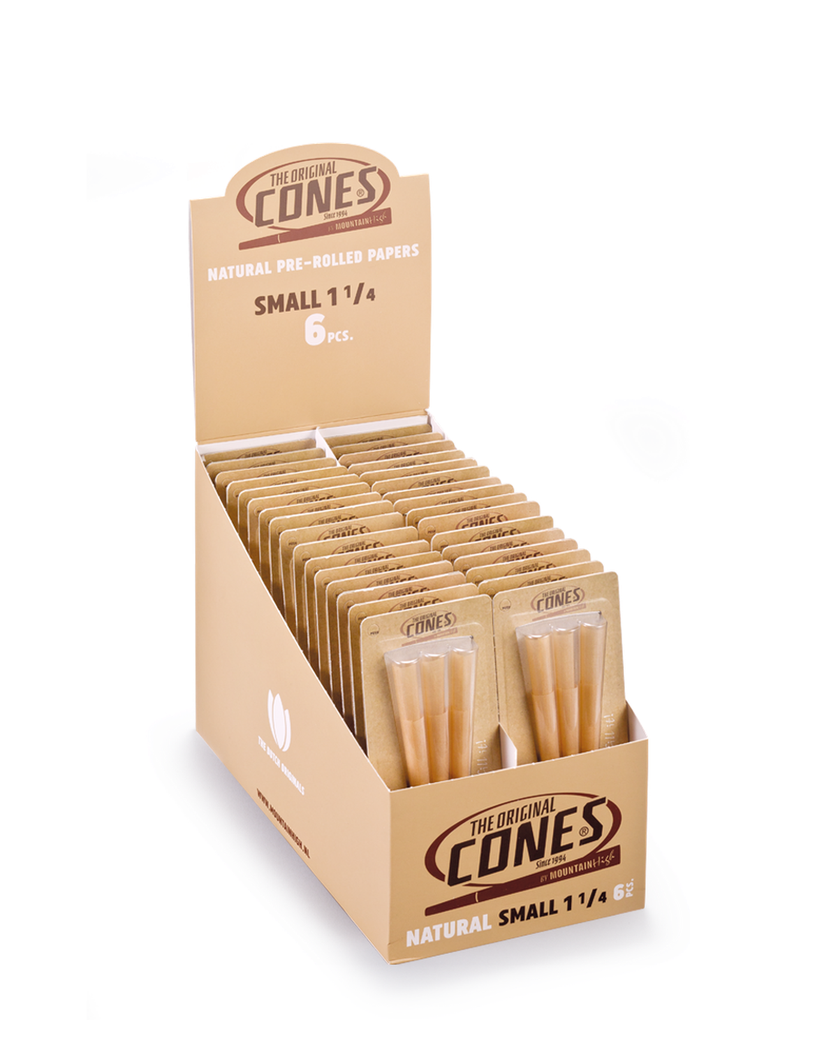 Natural Pre Rolled Cones® Brown Small 1¼ 6pcs. - Displays contains 32 Blister Packs